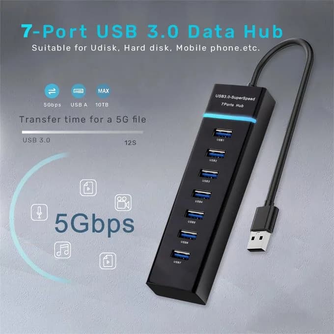 High Speed 7 Port USB 3.0 Multi HUB Splitter Expansion USB Hub - Black