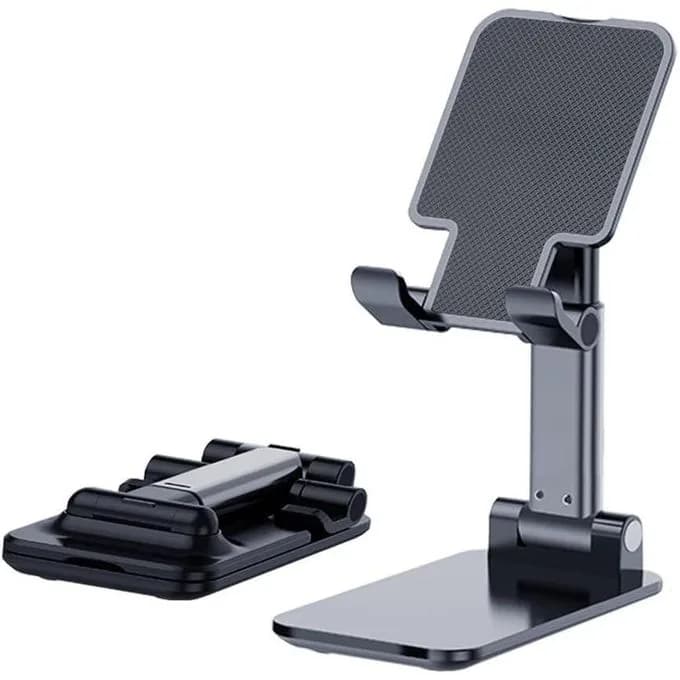 OIPETLUCK Cell Phone Holder, Angle Height Adjustable Cell Phone Stand with Silicon Pad for Desk Fully Forldable Mobile Phone Holder Compatible with All Mobile Phones (Black)